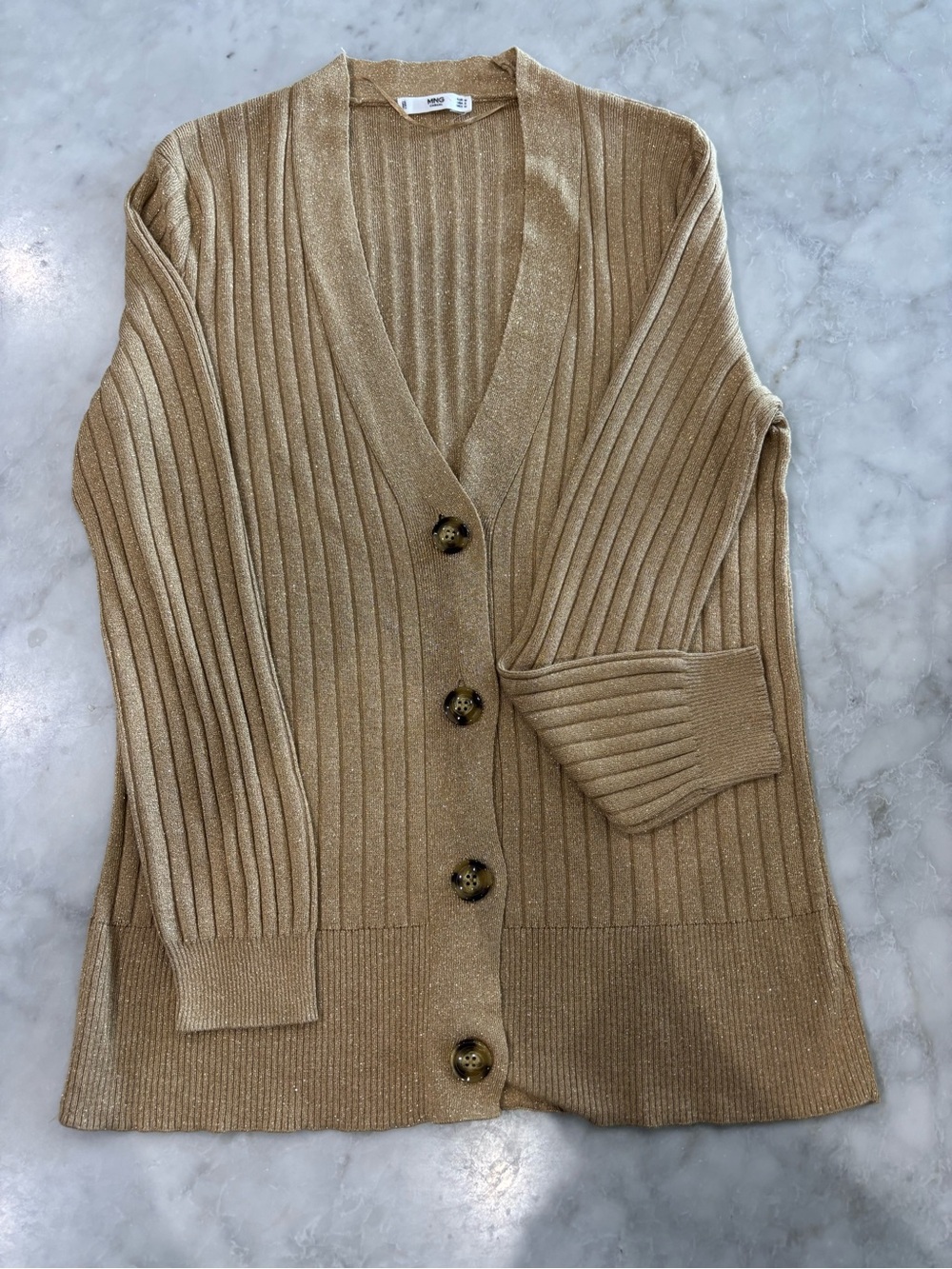 Mango Ribbed Gold Button-Front Sweater Cardigan